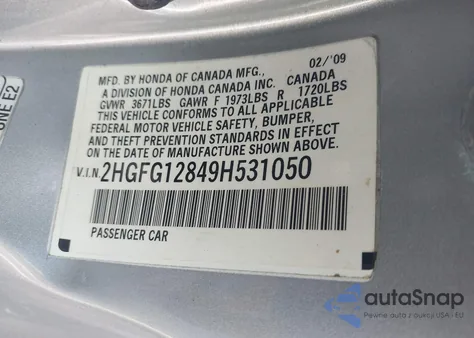 2009 Honda Civic Ex from USA, damaged, VIN 2HGFG12849H531050